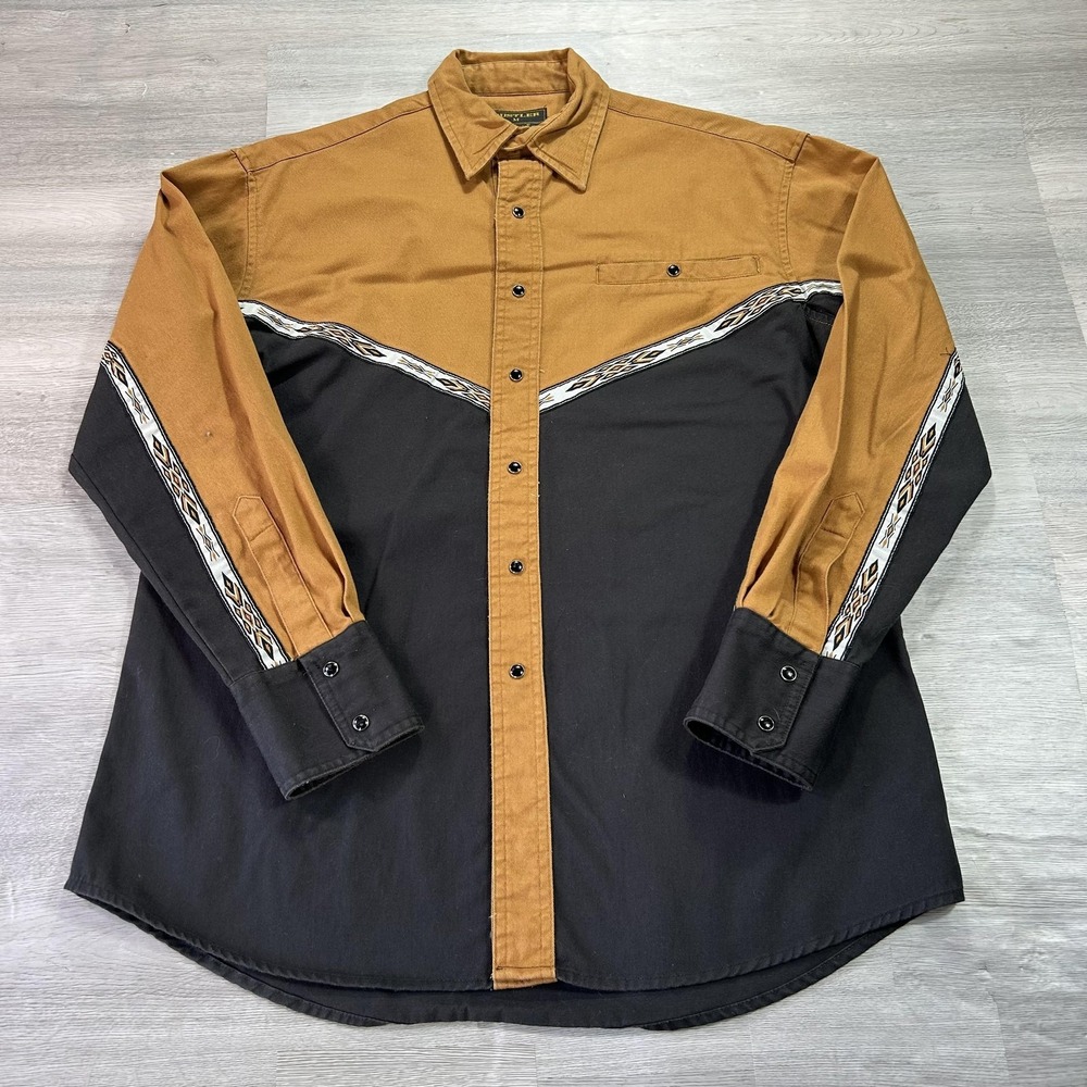 Wrangler Rustler Shirt Mens Medium Black Brown Western Aztec Trim Pearl Snap